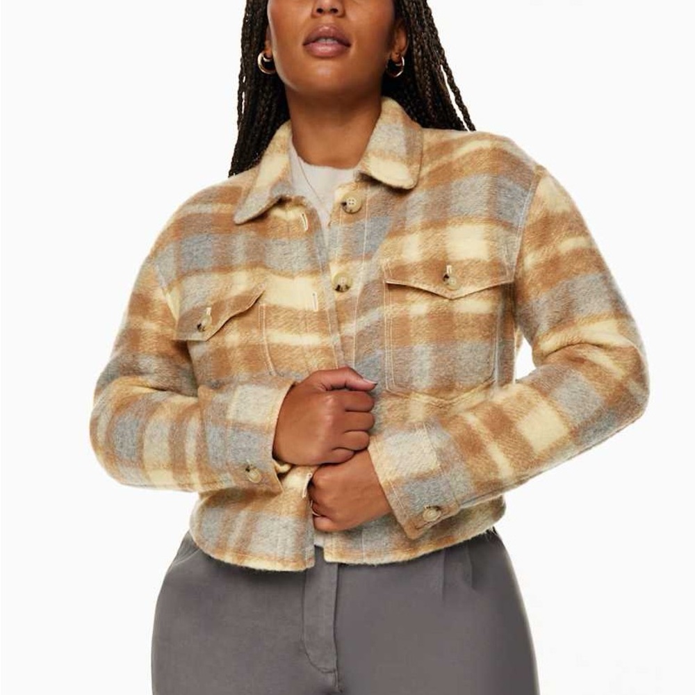 Wilfred Free Ganna Cropped Jacket Aritzia Plaid Wool Shacket Beige Camel Small